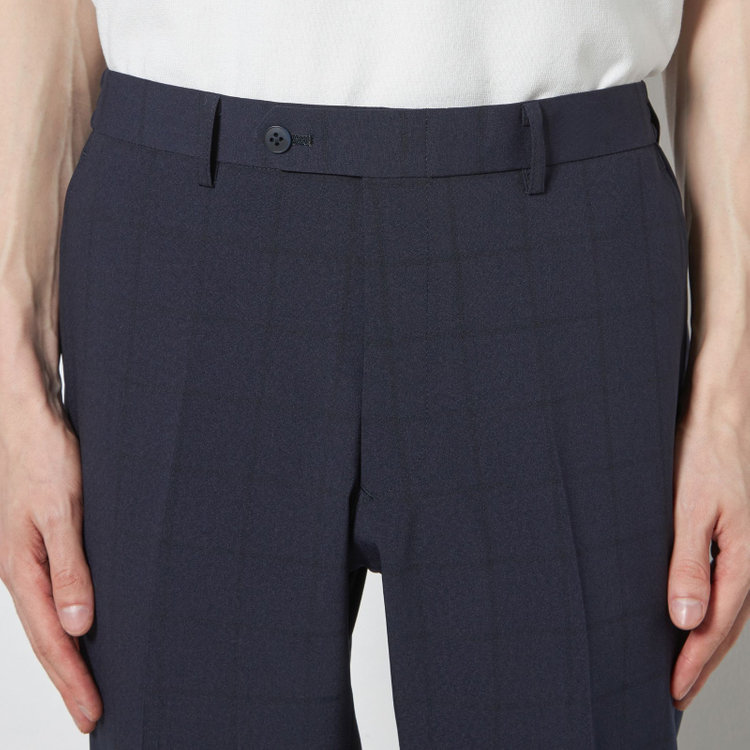 ブラックライン 【SLIM TAPERED】【春夏】0タックテーパードパンツ/ネイビー×ウィンドペン/ウエストシャーリング/4S SUSTAINABILITY&ECOLOGY FABRIC「ウォッシャブル」「ストレッチ」/※裾上げ済仕様 紺濃色