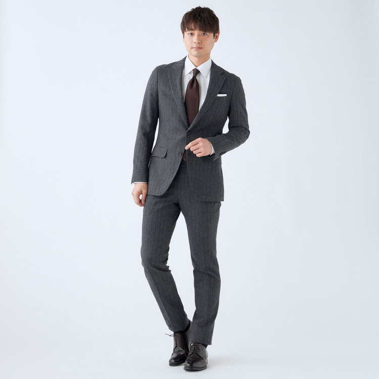 シルバーライン 【CLASSICO TAPERED】【秋冬】2釦シングルスーツ 1タック/グレー×ストライプ/RE:NEWOOL/※裾上げ必要 紺中間