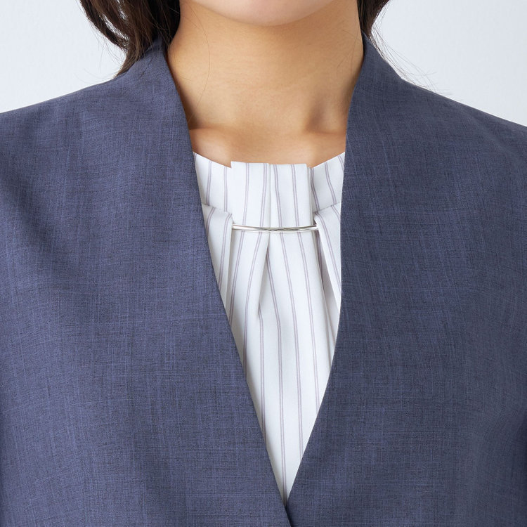 シルバーライン 【RELAX TAPERED】【年間】ノーカラー 2釦1掛けダブル/パンツスーツ/ネイビー/ウエスト内側アジャスター/ウォッシャブル/Naturemier/※パンツ裾上げ済仕様 紺中間