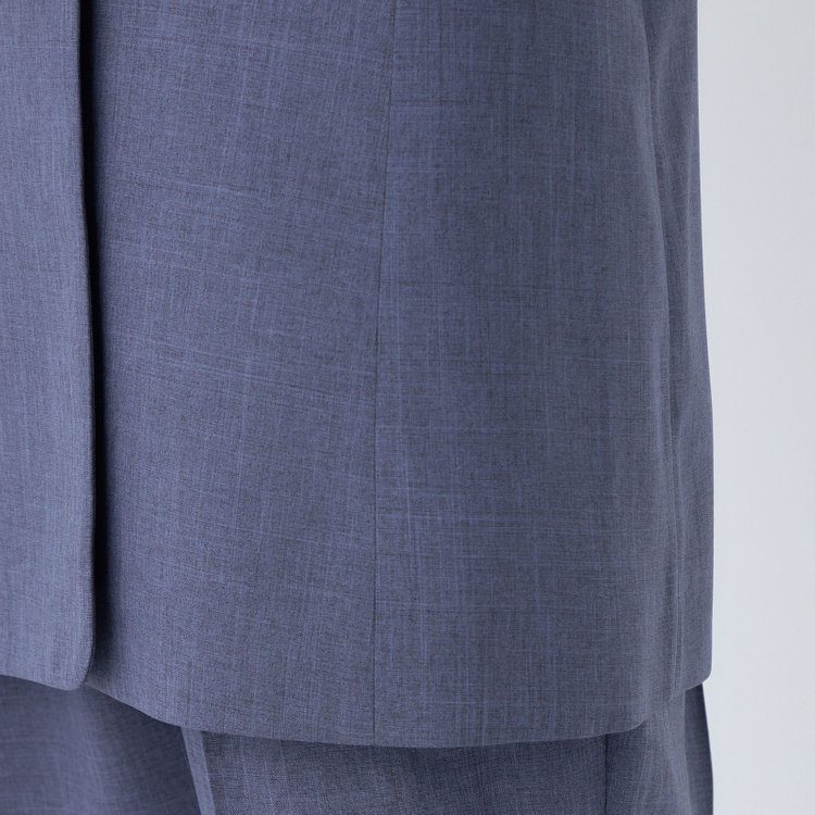 シルバーライン 【RELAX TAPERED】【年間】ノーカラー 2釦1掛けダブル/パンツスーツ/ネイビー/ウエスト内側アジャスター/ウォッシャブル/Naturemier/※パンツ裾上げ済仕様 紺中間