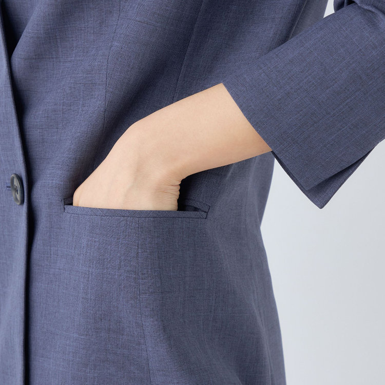 シルバーライン 【RELAX TAPERED】【年間】ノーカラー 2釦1掛けダブル/パンツスーツ/ネイビー/ウエスト内側アジャスター/ウォッシャブル/Naturemier/※パンツ裾上げ済仕様 紺中間