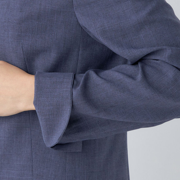 シルバーライン 【RELAX TAPERED】【年間】ノーカラー 2釦1掛けダブル/パンツスーツ/ネイビー/ウエスト内側アジャスター/ウォッシャブル/Naturemier/※パンツ裾上げ済仕様 紺中間