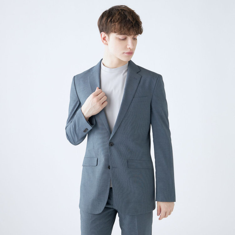 ブラックライン 【SLIM TAPERED_2】【春夏】2釦シングルスーツ 0タック/ブルー/ウエストシャーリング/4S SUSTAINABILITY&ECOLOGY FABRIC/ウォッシャブル/※パンツ裾上げ済仕様 緑中間
