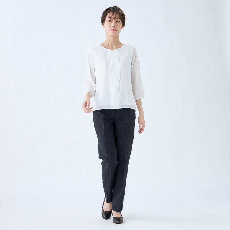 シルバーライン 【SILVER LINE/7分袖】フロントプリーツクルーネックプルオーバー/ホワイト/「ウォッシャブル可能」「防シワ」 白