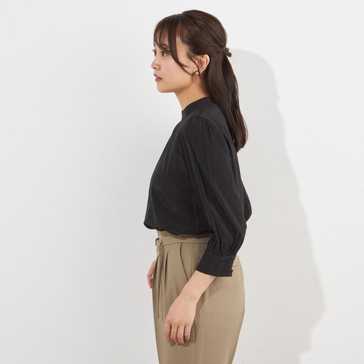 シルバーライン 【SILVER LINE/7分袖】ギャザーハイネックプルオーバー/ブラック/「ウォッシャブル」「ストレッチ」「防シワ」「UV加工」「静電気防止」 黒