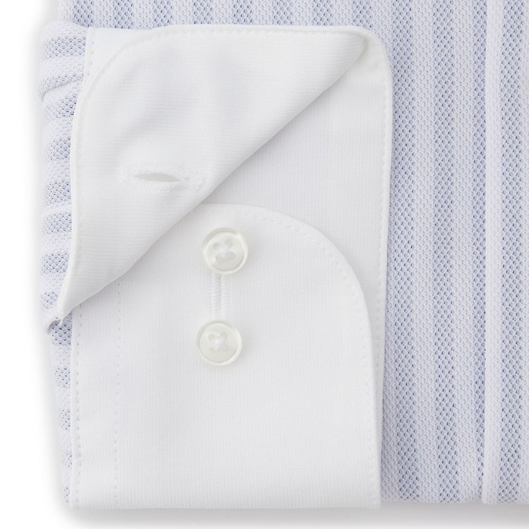 ブラックライン 【発送在庫あり】【BLACK LINE】クレリックホリゾンタルワイドスナップダウンワイシャツ/襟袖口：ホワイト+ホワイト×グレーストライプ/「4S」スーパーノンアイロン・ストレッチ 青濃色