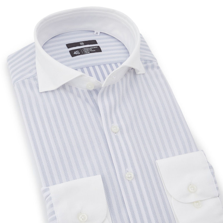 ブラックライン 【発送在庫あり】【BLACK LINE】クレリックホリゾンタルワイドスナップダウンワイシャツ/襟袖口：ホワイト+ホワイト×グレーストライプ/「4S」スーパーノンアイロン・ストレッチ 青濃色