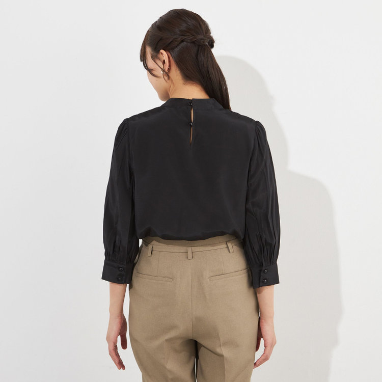 シルバーライン 【SILVER LINE/7分袖】ギャザーハイネックプルオーバー/ブラック/「ウォッシャブル」「ストレッチ」「防シワ」「UV加工」「静電気防止」 黒