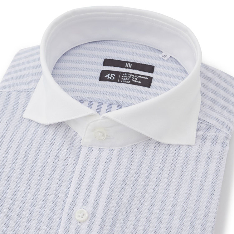 ブラックライン 【発送在庫あり】【BLACK LINE】クレリックホリゾンタルワイドスナップダウンワイシャツ/襟袖口：ホワイト+ホワイト×グレーストライプ/「4S」スーパーノンアイロン・ストレッチ 青濃色
