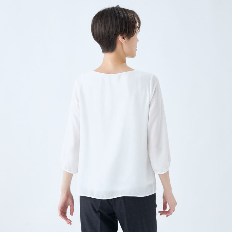 シルバーライン 【SILVER LINE/7分袖】フロントプリーツクルーネックプルオーバー/ホワイト/「ウォッシャブル可能」「防シワ」 白