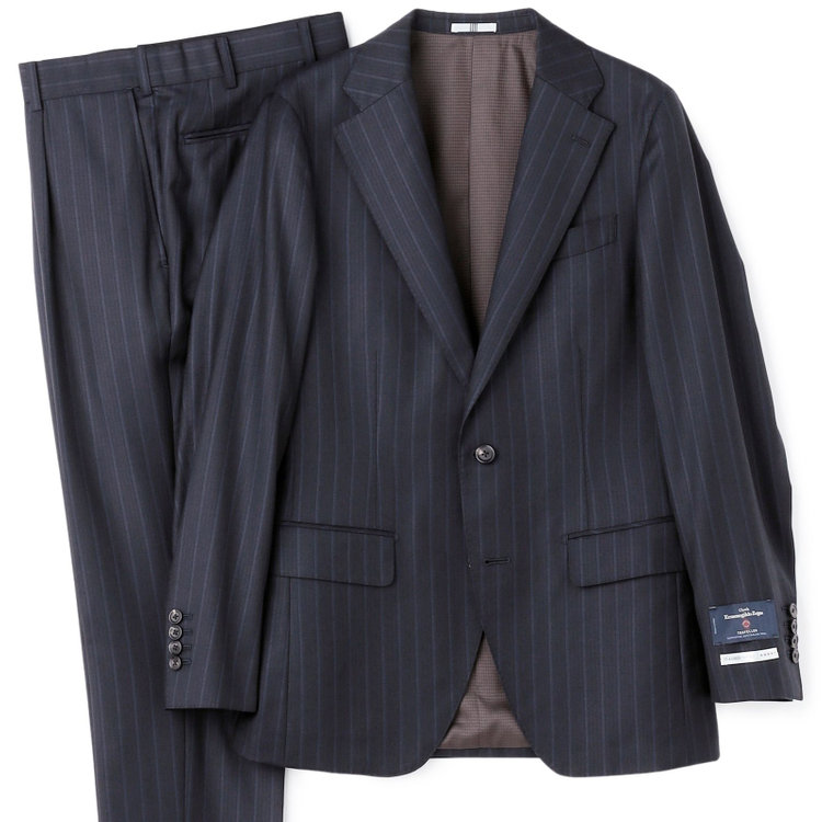 シルバーライン 【CLASSICO TAPERED】【秋冬】2釦シングルスーツ 1タック/ネイビー×ストライプ/ウエストムーブ/Ermenegildo Zegna TRAVELLER woven in italy/※裾上げ必要 紺濃色