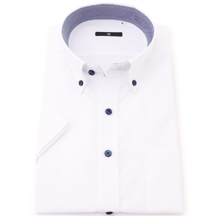 ブラックライン 【発送在庫あり】【BLACK LINE/半袖】【形態安定】ボタンダウンドレスワイシャツ/ホワイト×ドビーツイル/釦・釦付糸：ネイビー 白