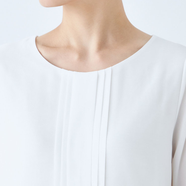 シルバーライン 【SILVER LINE/7分袖】フロントプリーツクルーネックプルオーバー/ホワイト/「ウォッシャブル可能」「防シワ」 白