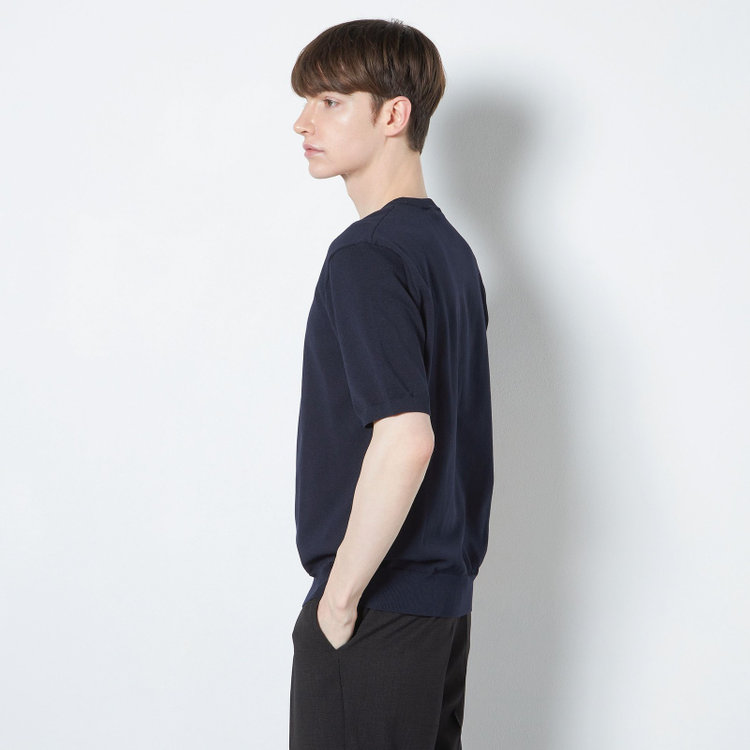 スーツセレクト 【RBC】【5分袖】コットンブレンドクルーネックニット/ネイビー/「マシンウォッシャブル」「UVカット」「接触冷感」 紺中間