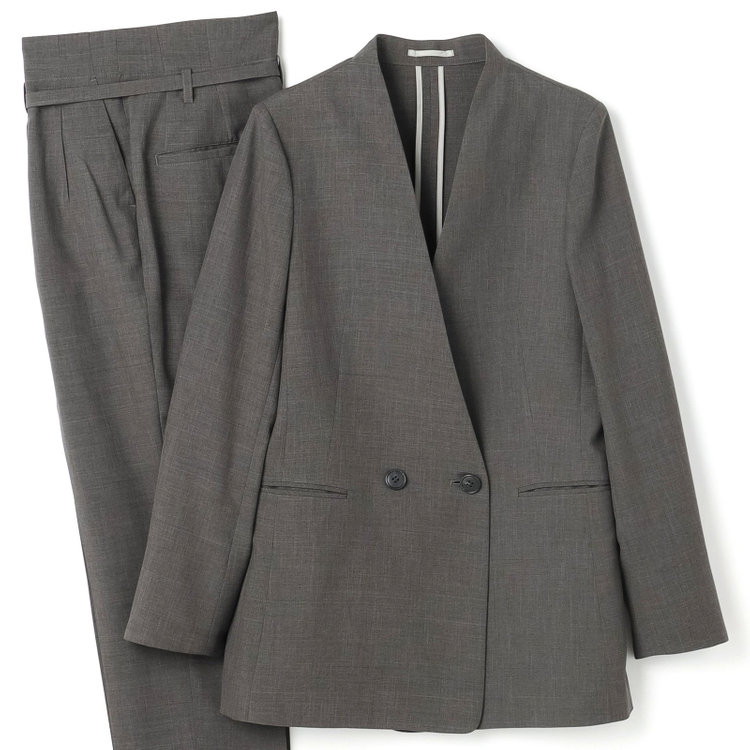 シルバーライン 【RELAX TAPERED】【年間】ノーカラー 2釦1掛け/ダブルパンツスーツ/グレー/ウエスト内側アジャスター/ウォッシャブル/Naturemier/※パンツ裾上げ済仕様 グレー濃色