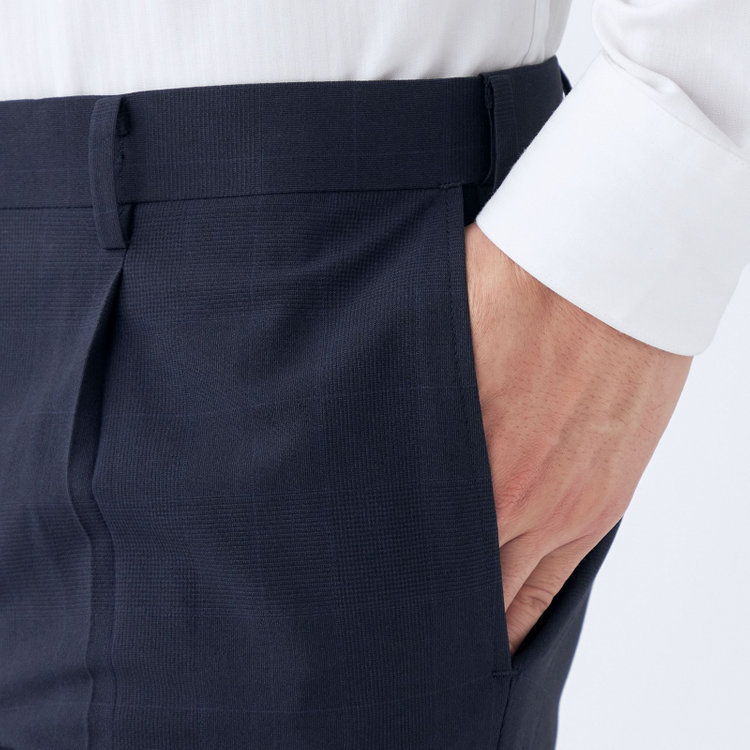 シルバーライン 【発送在庫あり】【CLASSICO TAPERED】【春夏】1タックテーパードパンツ/ネイビー×チェック/ウエストムーブ/ウォッシャブル/4S SUSTAINABILITY&ECOLOGY FABRIC/※裾上げ済仕様 紺濃色