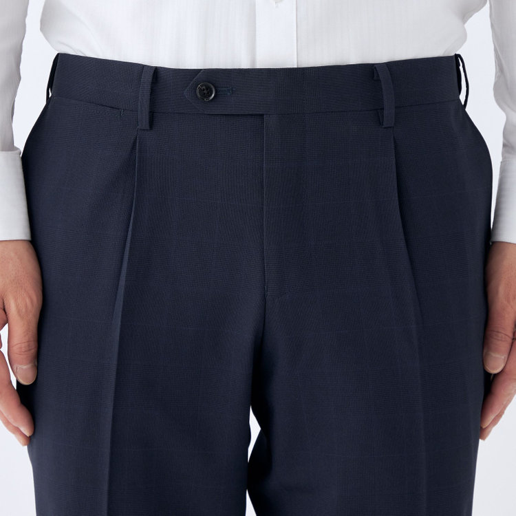 シルバーライン 【発送在庫あり】【CLASSICO TAPERED】【春夏】1タックテーパードパンツ/ネイビー×チェック/ウエストムーブ/ウォッシャブル/4S SUSTAINABILITY&ECOLOGY FABRIC/※裾上げ済仕様 紺濃色