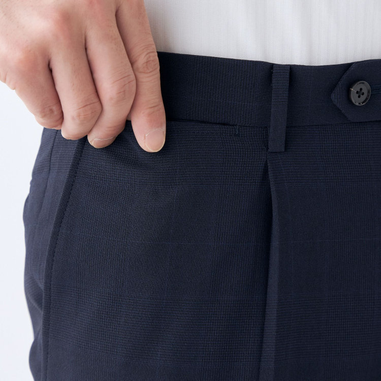 シルバーライン 【発送在庫あり】【CLASSICO TAPERED】【春夏】1タックテーパードパンツ/ネイビー×チェック/ウエストムーブ/ウォッシャブル/4S SUSTAINABILITY&ECOLOGY FABRIC/※裾上げ済仕様 紺濃色