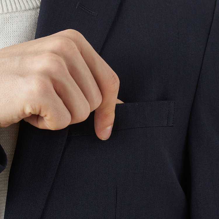 SUIT SELECT　アウトレット 【WEB限定/OUTLET/汚れ・キズ等有】【SLIM TAPERED_2】【年間】2釦シングルテーパードパンツスーツ 0タック/ネイビー×シャドーストライプ/ウエストシャーリング/4S/※パンツ裾上げ済仕様※ステッチほつれ 紺中間