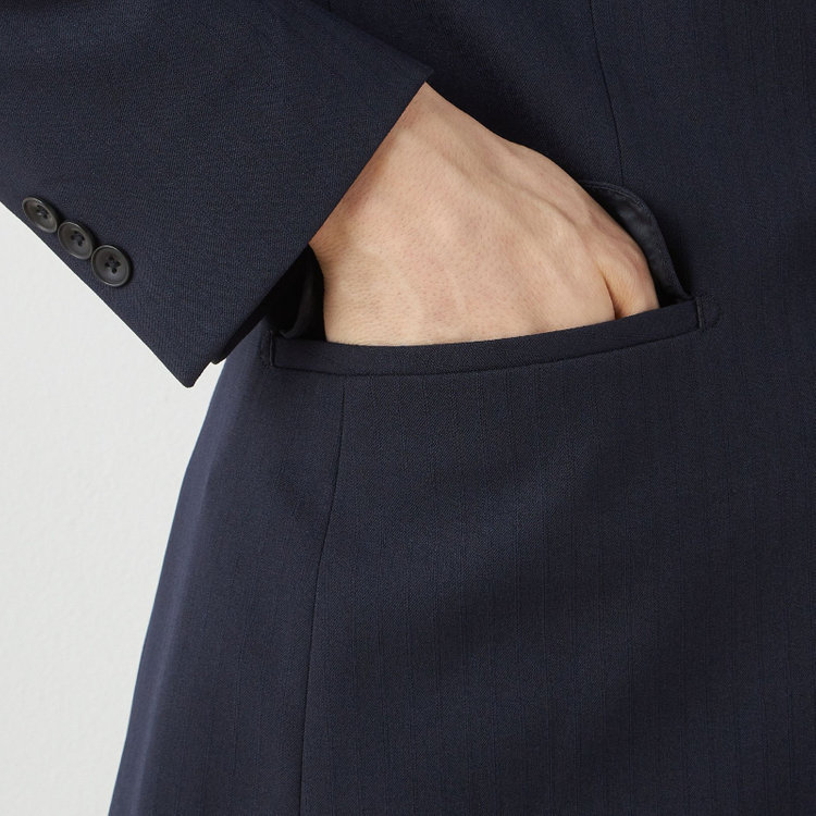 SUIT SELECT　アウトレット 【WEB限定/OUTLET/汚れ・キズ等有】【SLIM TAPERED_2】【年間】2釦シングルテーパードパンツスーツ 0タック/ネイビー×シャドーストライプ/ウエストシャーリング/4S/※パンツ裾上げ済仕様※ステッチほつれ 紺中間