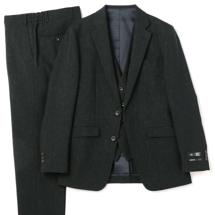 ブラックライン 【SLIM TAPERED_2】【秋冬】2釦シングルスリーピーススーツ 0タック/グリーン/ウエストシャーリング/4S SUSTAINABILITY&ECOLOGY FABRIC/※パンツ裾上げ済仕様 緑濃色