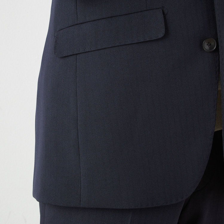 SUIT SELECT　アウトレット 【WEB限定/OUTLET/汚れ・キズ等有】【SLIM TAPERED_2】【年間】2釦シングルテーパードパンツスーツ 0タック/ネイビー×シャドーストライプ/ウエストシャーリング/4S/※パンツ裾上げ済仕様※ステッチほつれ 紺中間