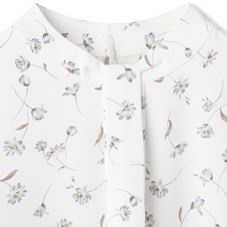 シルバーライン 【SL/9分袖】ボウタイ風フロントタックブラウス/ホワイト×ボタニカル グレー淡色