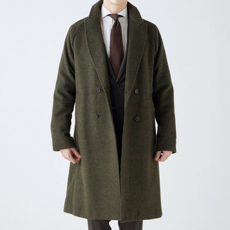 シルバーライン 【SL】ウールブレンド ラグランダブルチェスターコート/カーキ/RE:NEWOOL/BISHU JAPAN 緑中間