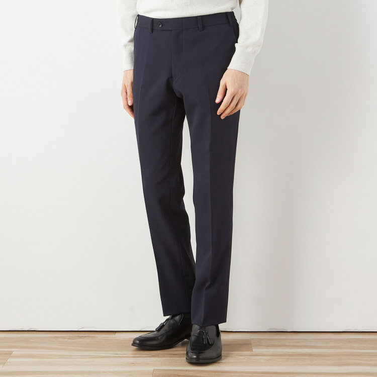 SUIT SELECT　アウトレット 【WEB限定/OUTLET/汚れ・キズ等有】【SLIM TAPERED_2】【年間】2釦シングルテーパードパンツスーツ 0タック/ネイビー×シャドーストライプ/ウエストシャーリング/4S/※パンツ裾上げ済仕様※ステッチほつれ 紺中間