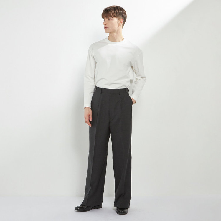 ソノタ 【BLACK LINE】【春夏】1タックワイドシルエットパンツ/グレー×サイロフィル/NEW ZEALAND WOOL MIX Super100’s/※裾上げ必要 グレー濃色