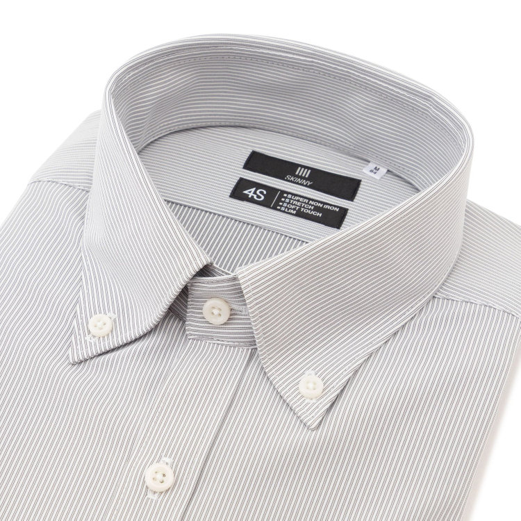 ブラックライン 【SKINNY】ボタンダウンワイシャツ/グレー×ホワイトストライプ/「4S」スーパーノンアイロン・ストレッチ 黒