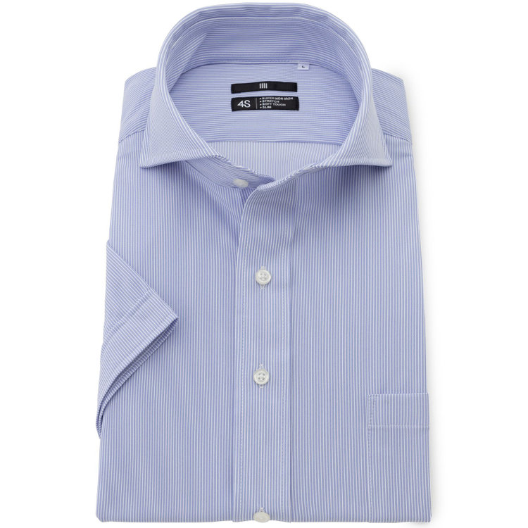 ブラックライン 【発送在庫あり】【BL/半袖】ホリゾンタルワイドワイシャツ/ブルー×ホワイトストライプ/「4S」スーパーノンアイロン・ストレッチ 青中間