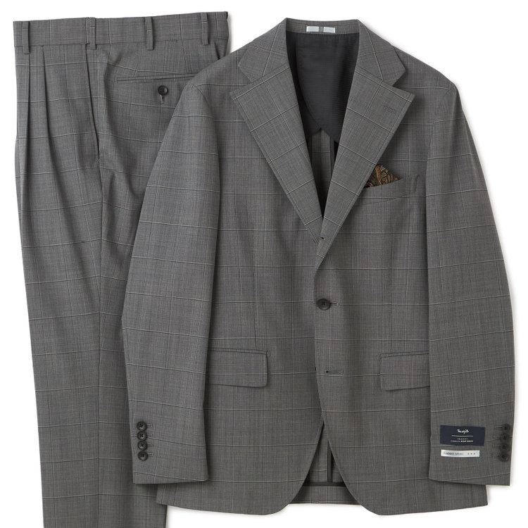 シルバーライン 【CLASSICO TAPERED】【春夏】3釦段返りシングルスーツ 2タック/グレー×ウィンドペン/ウエストムーブ/MARZOTTO/※裾上げ必要 グレー中間