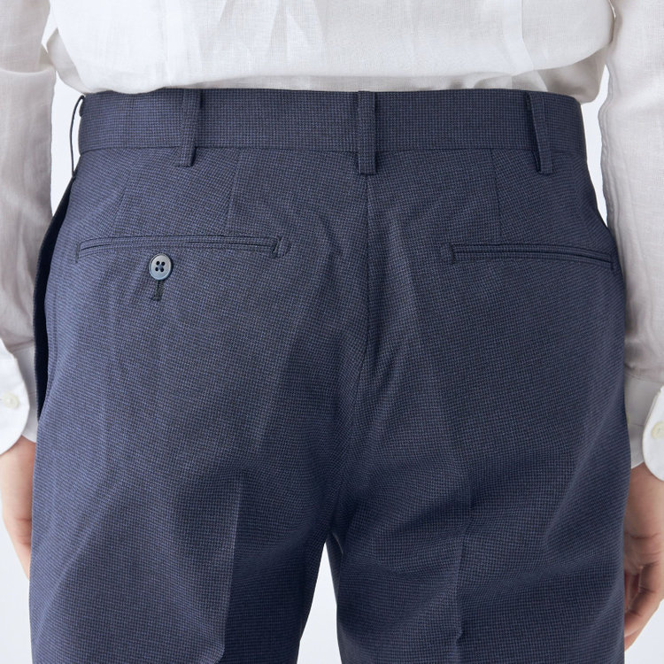 ブラックライン 【SLIM TAPERED】【春夏】0タックテーパードパンツ/ネイビー＆ブラック×ハウンドトゥース/ウエストムーブ/ウォッシャブル/4S SUSTAINABILITY&ECOLOGY FABRIC/※裾上げ必要 青濃色