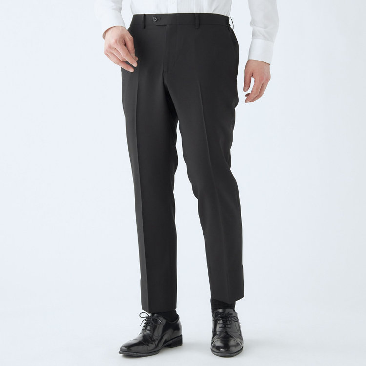 ブラックライン 【WEB限定】【発送在庫あり】【SLIM TAPERED】【年間】ウォッシャブル0タックテーパードパンツ/ブラック/ウエストシャーリング仕様/裾上げ済仕様 黒
