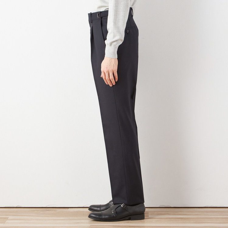 ソノタ 【BLACK LINE】1タックワイドシルエットパンツ/ネイビー×ストライプ/NEW ZEALAND WOOL MIX/※裾上げ必要 紺中間