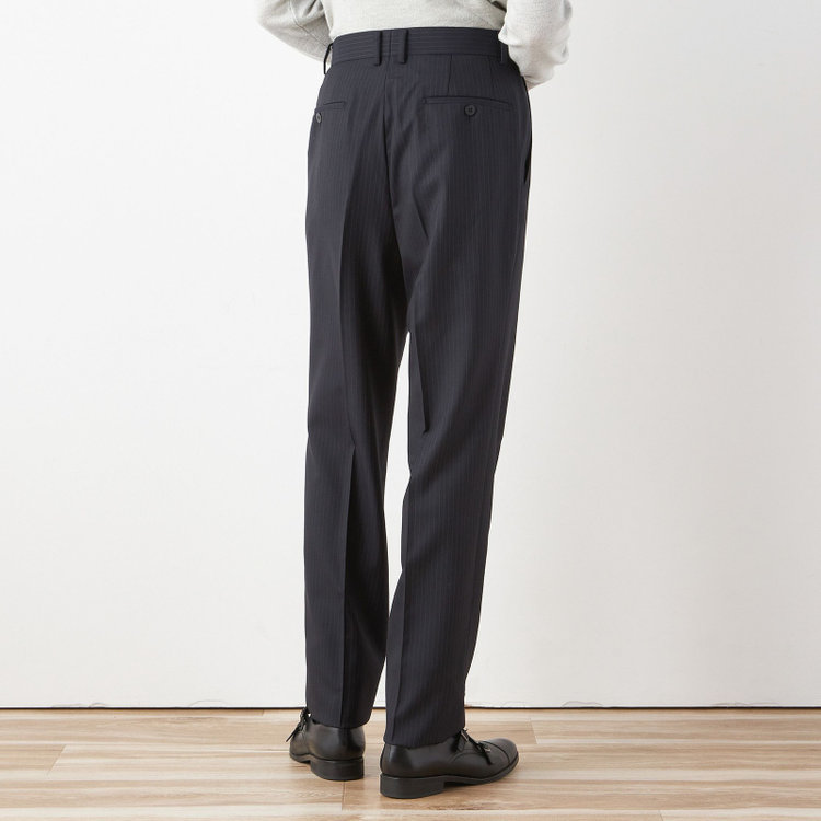 ソノタ 【BLACK LINE】1タックワイドシルエットパンツ/ネイビー×ストライプ/NEW ZEALAND WOOL MIX/※裾上げ必要 紺中間