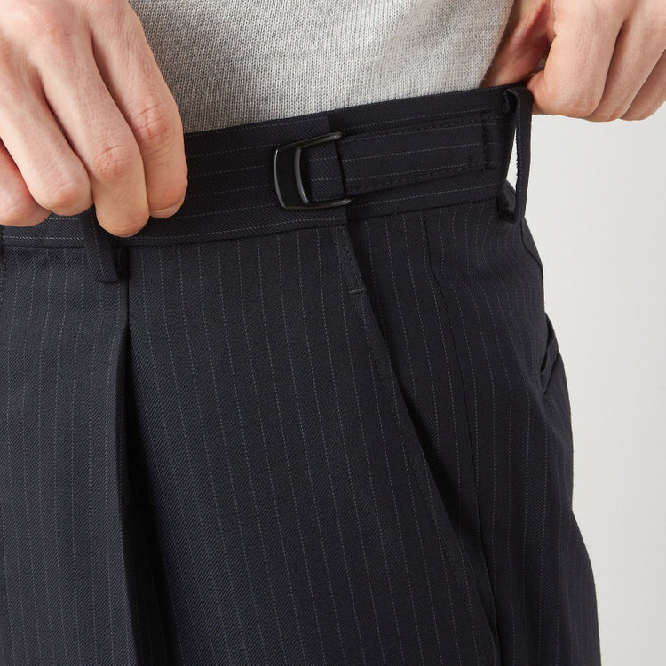 ソノタ 【BLACK LINE】1タックワイドシルエットパンツ/ネイビー×ストライプ/NEW ZEALAND WOOL MIX/※裾上げ必要 紺中間