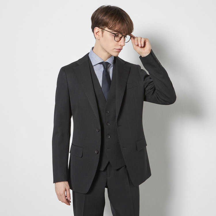 シルバーライン 【CLASSICO TAPERED】【春夏】2釦シングルスリーピーススーツ 1タックテーパードパンツ/ブラック×ウィンドペン/ウエストムーブ/4S SUSTAINABILITY&ECOLOGY FABRIC/※パンツ裾上げ済仕様 黒
