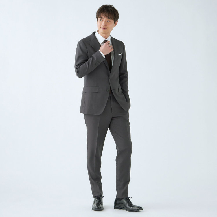 シルバーライン 【CLASSICO TAPERED】【秋冬】スペアパンツ付き/2釦シングルスーツ 1タック/グレー×ストライプ/ウエストムーブ/4S SUSTAINABILITY&ECOLOGY FABRIC/※パンツ裾上げ済仕様 グレー中間