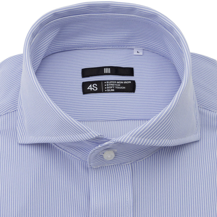 ブラックライン 【発送在庫あり】【BL/半袖】ホリゾンタルワイドワイシャツ/ブルー×ホワイトストライプ/「4S」スーパーノンアイロン・ストレッチ 青中間