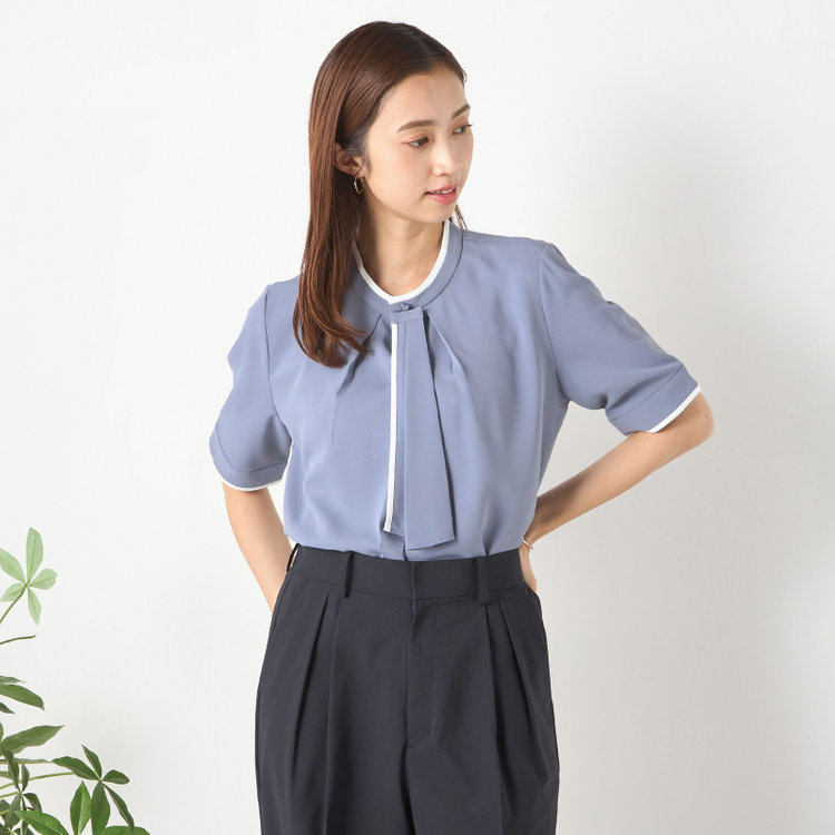 【SILVER LINE/5分袖】配色タイ脱着式/ブルー/「ウォッシャブル」「ストレッチ」「防シワ」「UV加工」「接触冷感」