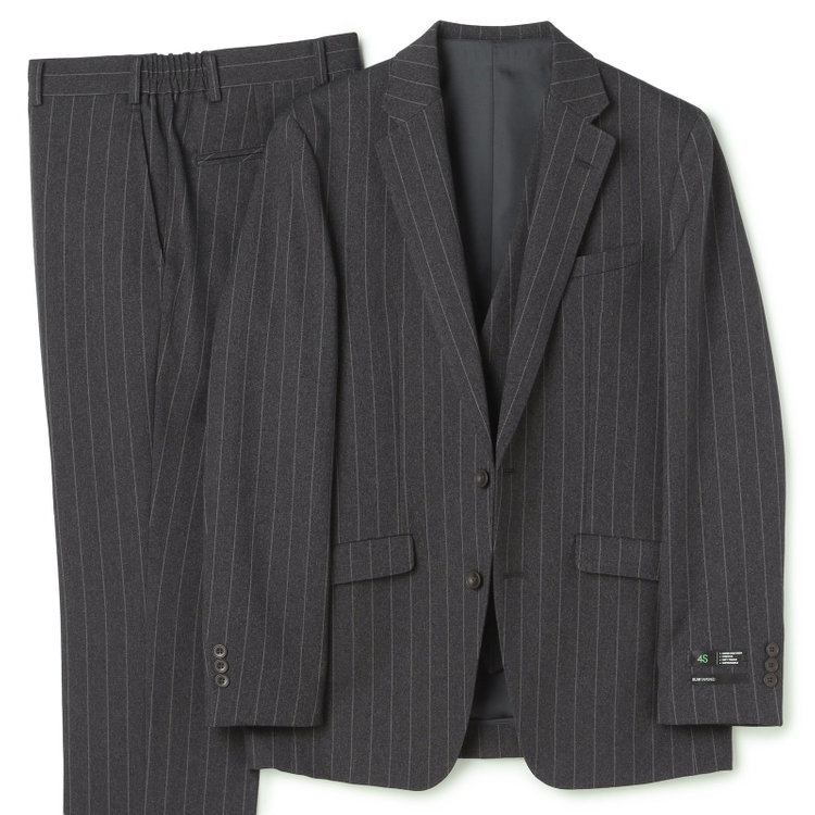 ブラックライン 【SLIM TAPERED_2】【秋冬】2釦シングルスリーピーススーツ 0タック/グレー×ストライプ/ウエストシャーリング/4S SUSTAINABILITY&ECOLOGY FABRIC/※パンツ裾上げ済仕様 グレー濃色
