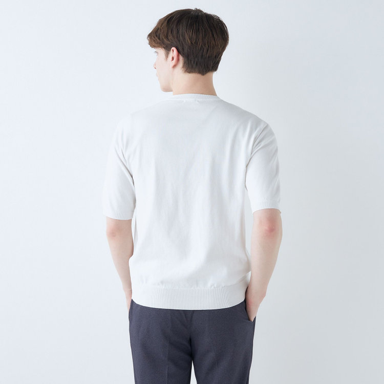 SUIT SELECT　アウトレット 【WEB限定/OUTLET/汚れ・キズ等有】【RBC】【5分袖】コットンブレンドクルーネックニット/ホワイト/マシンウォッシャブル オフホワイト