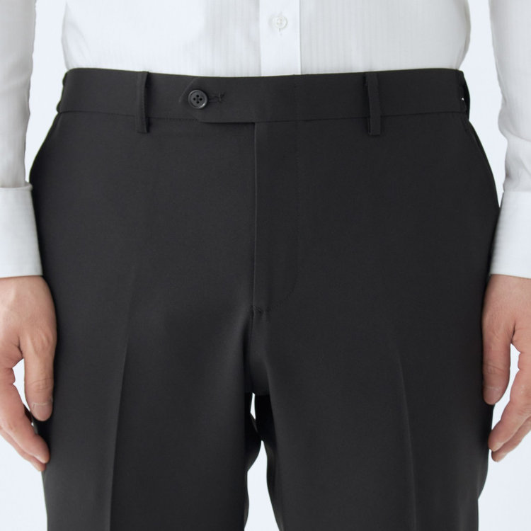 ブラックライン 【WEB限定】【発送在庫あり】【SLIM TAPERED】【年間】ウォッシャブル0タックテーパードパンツ/ブラック/ウエストシャーリング仕様/裾上げ済仕様 黒