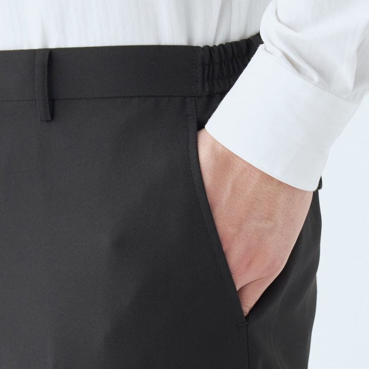 ブラックライン 【WEB限定】【発送在庫あり】【SLIM TAPERED】【年間】ウォッシャブル0タックテーパードパンツ/ブラック/ウエストシャーリング仕様/裾上げ済仕様 黒