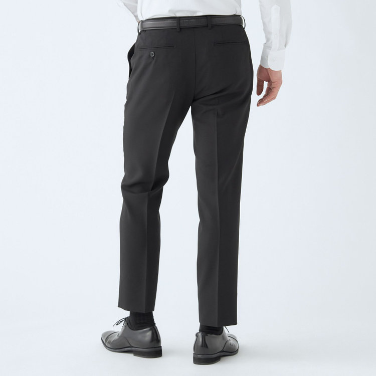 ブラックライン 【WEB限定】【発送在庫あり】【SLIM TAPERED】【年間】ウォッシャブル0タックテーパードパンツ/ブラック/ウエストシャーリング仕様/裾上げ済仕様 黒