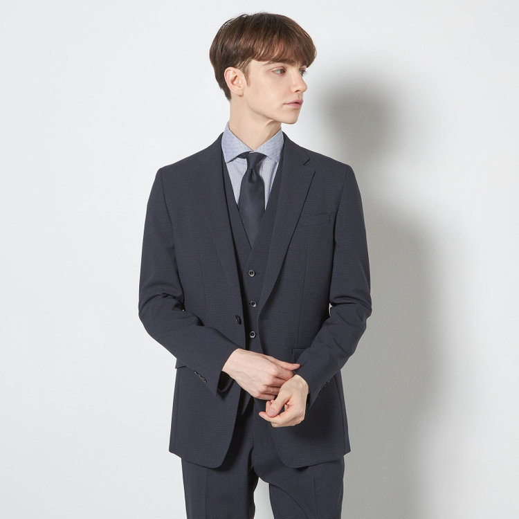 ブラックライン 【SLIM TAPERED_2】【春夏】2釦シングルスリーピーススーツ 0タック/ネイビー×チェック/ウエストシャーリング/4S SUSTAINABILITY&ECOLOGY FABRIC/※パンツ裾上げ済仕様 紺濃色