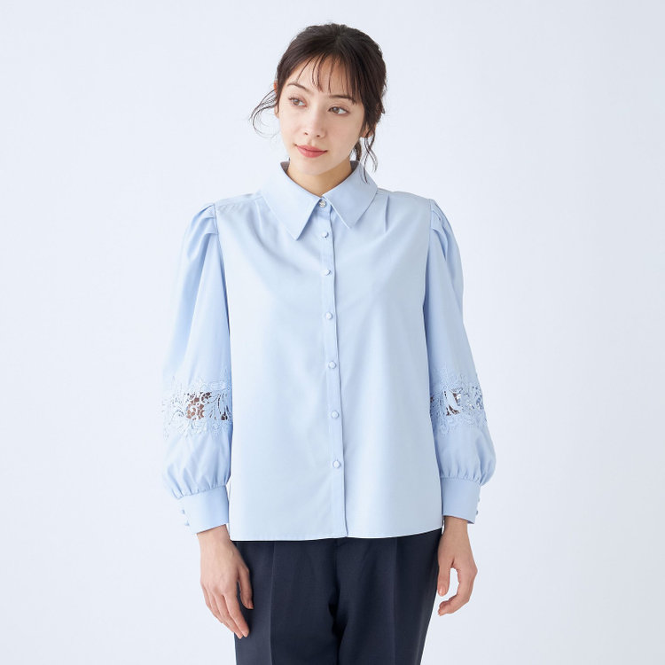 スーツセレクト 【Lady Like BLOUSE】【長袖】袖レース切替えブラウス/サックス 青淡色