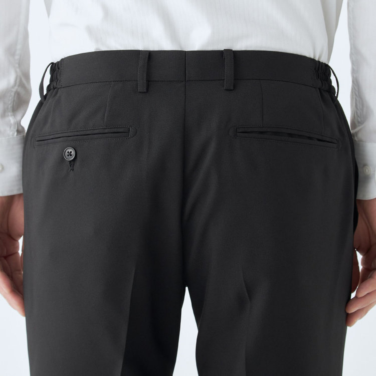 ブラックライン 【WEB限定】【発送在庫あり】【SLIM TAPERED】【年間】ウォッシャブル0タックテーパードパンツ/ブラック/ウエストシャーリング仕様/裾上げ済仕様 黒